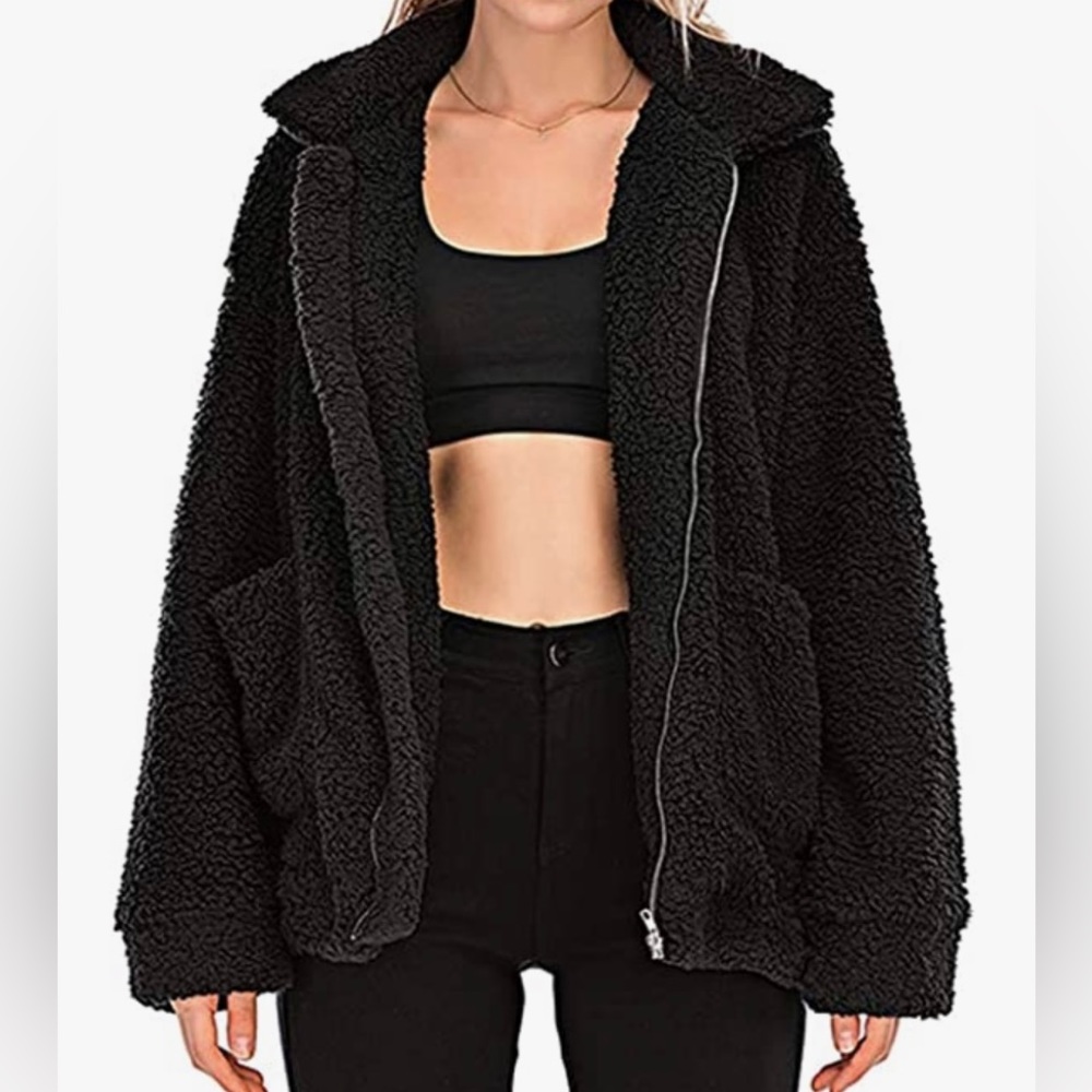 H&M Black Fluffy Teddy Jacket size M